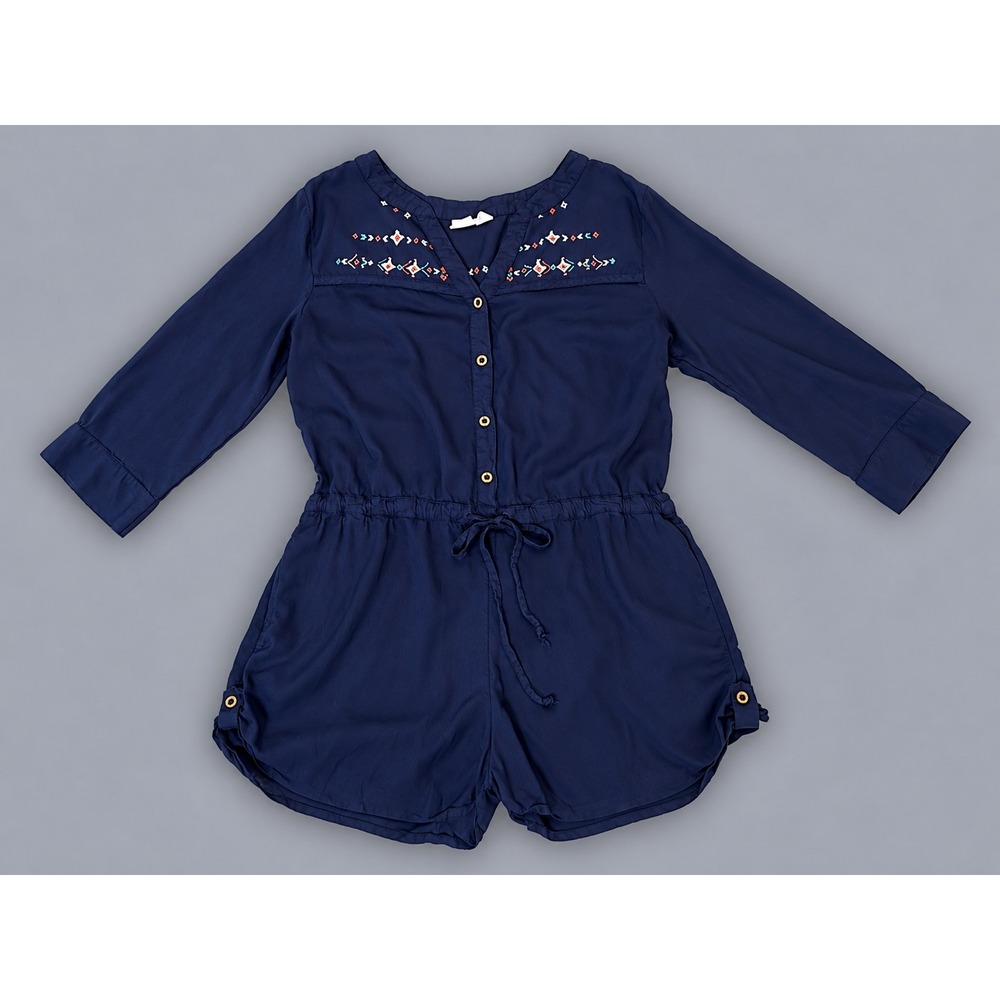 Roxy Tightrope Romper Womens XL Navy Blue EUC Embroidered Drawstring 3/4 Sleeve